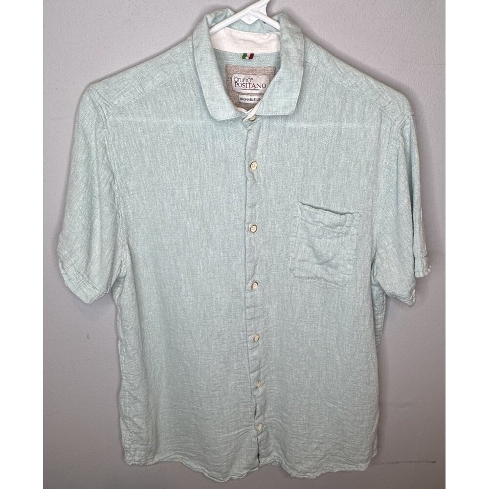 Bruno Positano Washable Linen Polo Shirt Medium Blue Short Sleeve Collared